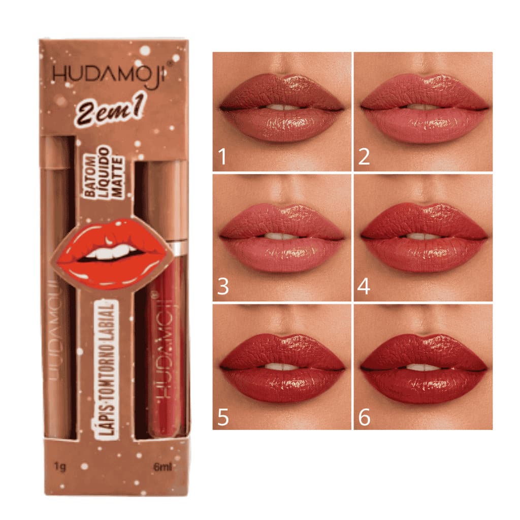 Kit Lip Combo 2 em 1 Gloss e Lápis Labial Hudamoji - 6 Cores - para Olhos - Maquiagem - Traço Preciso - Preto Fosco
