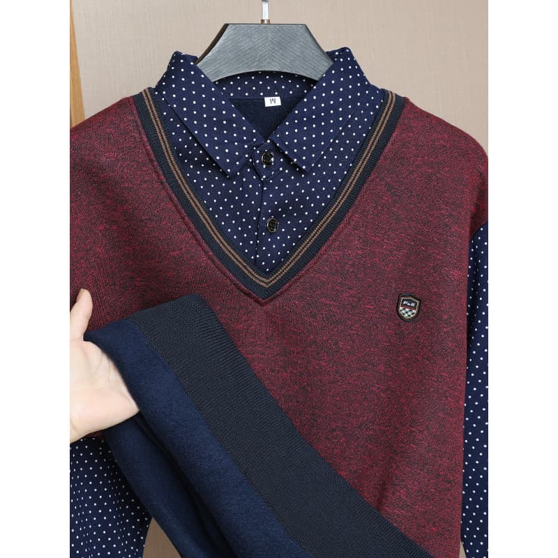 Camisa masculina falsa de duas peças com gola de malha forro de lã engrossado suéter quente pai usa parte inferior