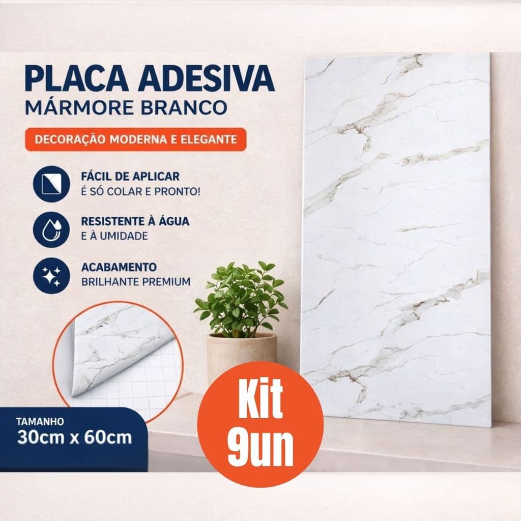 Kit 9 Placas Adesiva Mármore 60x30cm Vinil Autoadesivo