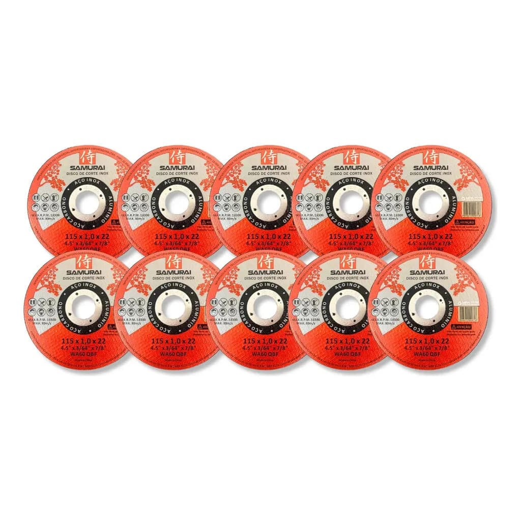 Kit 100 Discos Corte Aço Inox Fino 4.1/2 115x1,0x22 Samurai