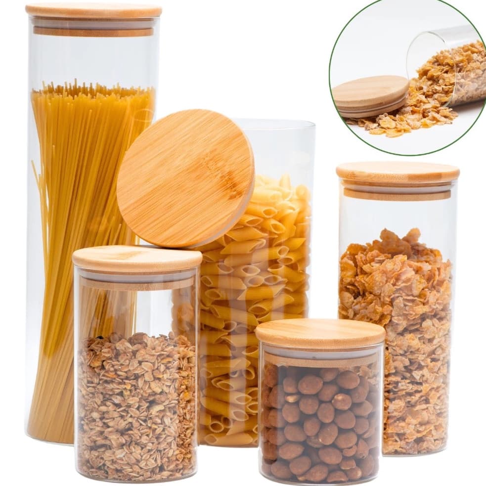 5 Potes de Vidro Hermético Transparente Tampa Bambu Porta Alimentos