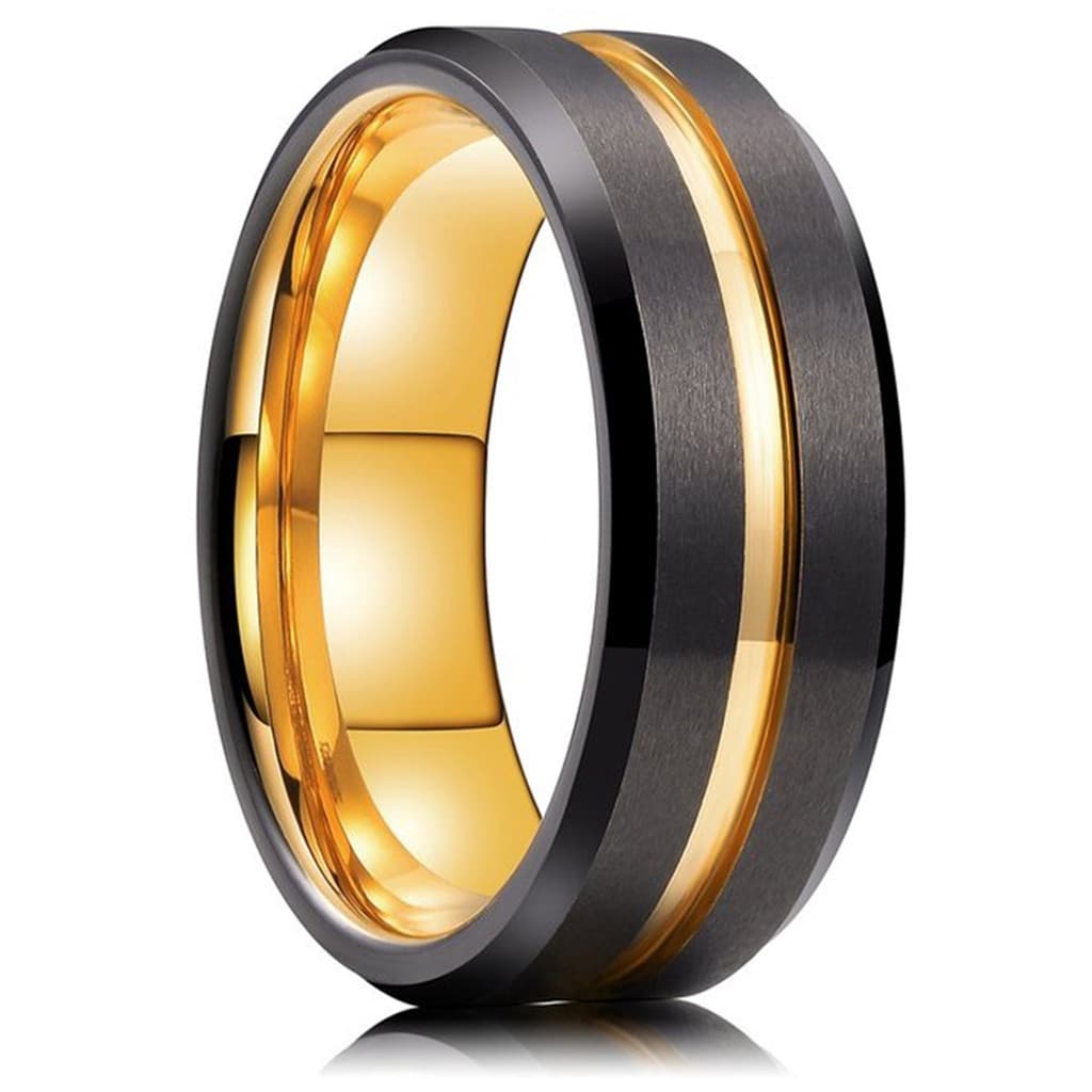 Anel Aço Inox Inoxidável Preto com Listra Dourado