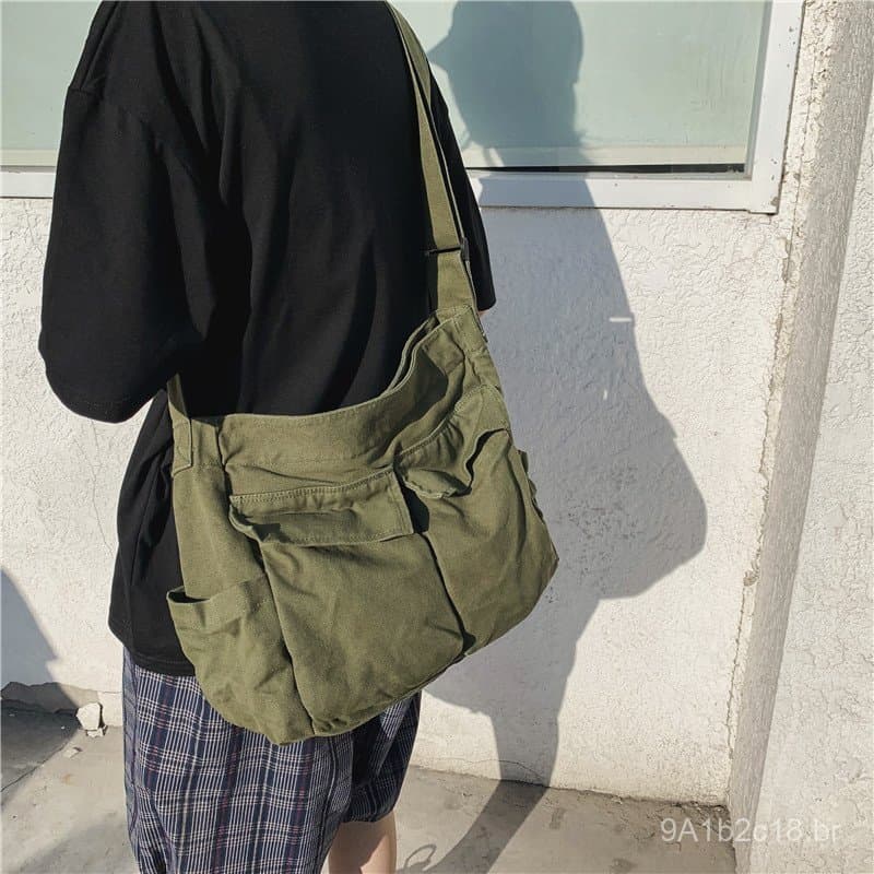 Bolsa transversal estilo workwear para homens e mulheres, bolsa de lona, bolsa de grande capacidade estilo estudante urb