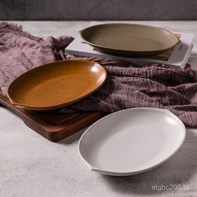 Pratos de estilo japonês, pratos de peixe para uso doméstico, pratos de cerâmica ovais irregulares de cor fosca, utensíl