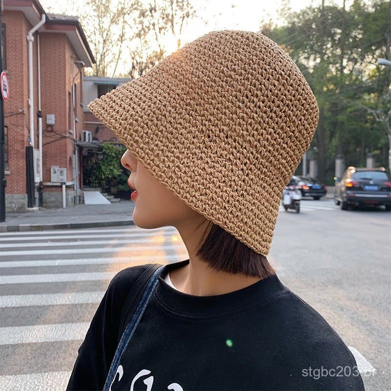 Chapéu de palha feminino, estilo coreano moderno e fresco, versátil, estilo japonês, para praia, chapéu de pescador teci
