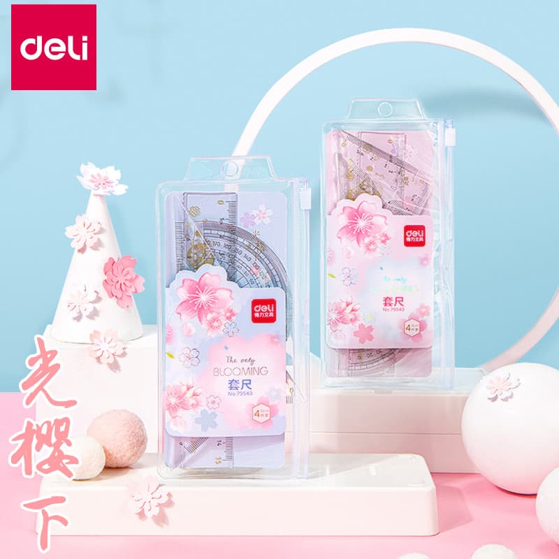 Deli flor de cerejeira conjunto limitado régua conjunto de quatro peças transparente onda régua triângulo transferidor 1