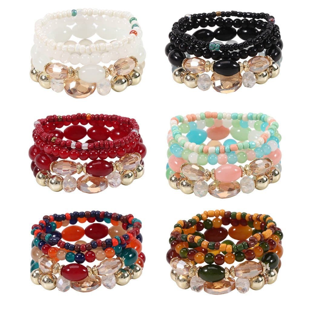Pulseira boêmia com contas, joia de moda, atacado, imitação de ágata, cristal, strass, conjunto de quatro pulseiras elás