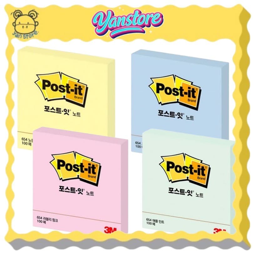 [3M] Post it Sticky Notes Tamanho Padrão 654modelo 100ea (Amarelo Azul Rosa Menta) Memo