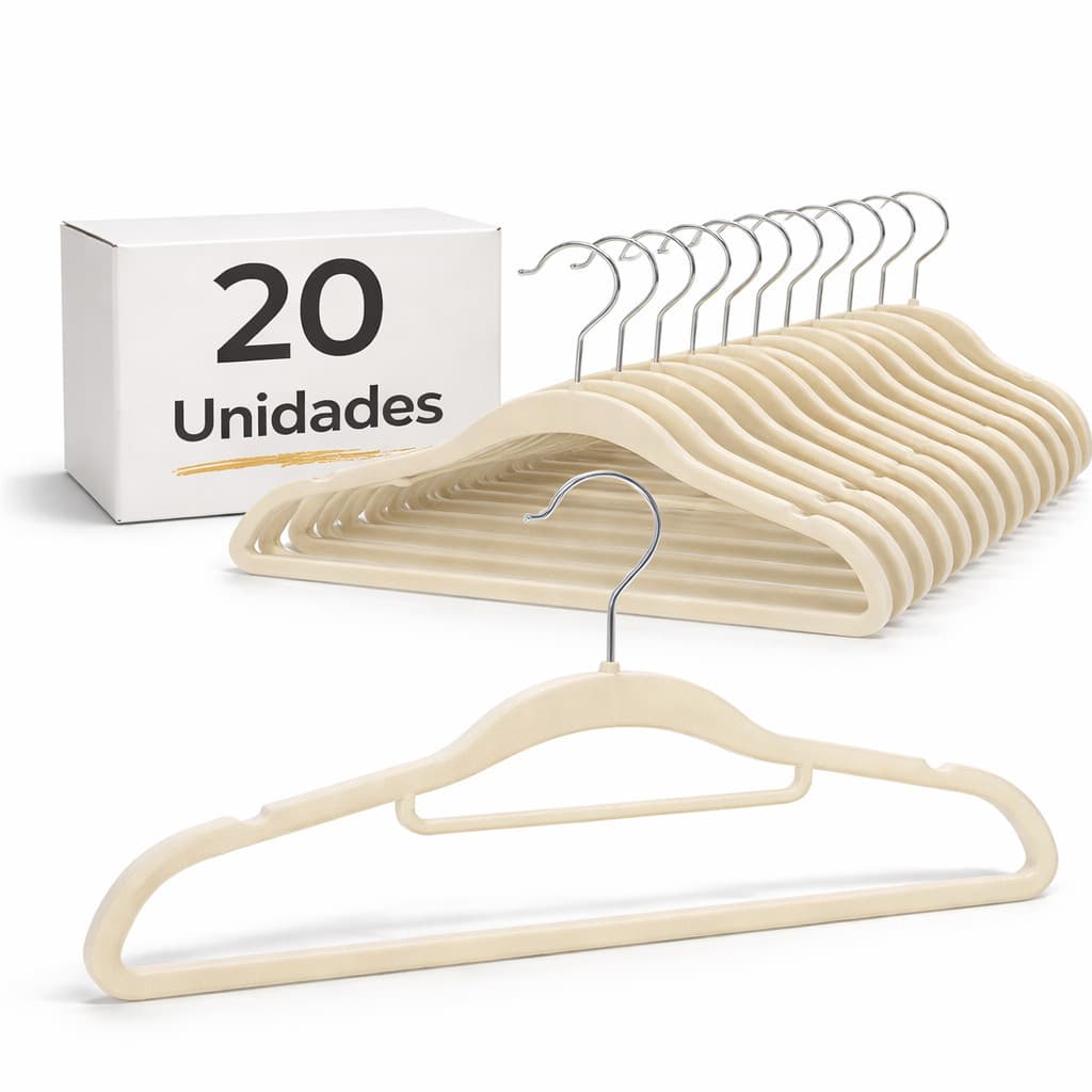 Cabide de Veludo Slim com Gravateiro 42cm Bege 20 pecas
