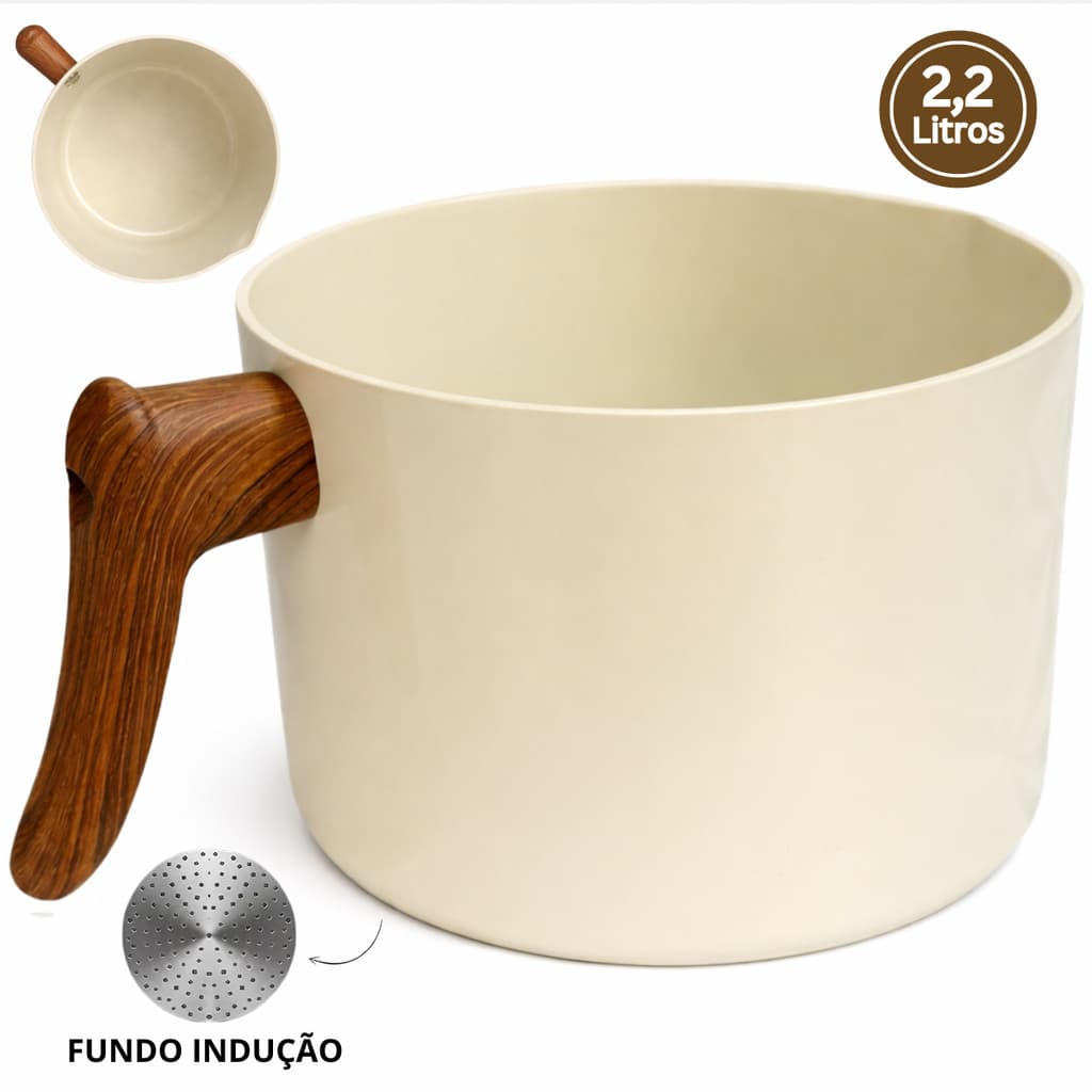Leiteira Fervedor Fogão De Indução Caneco Cerâmica Antiaderente 16cm 2,2L Multiflon Cor Vanilla