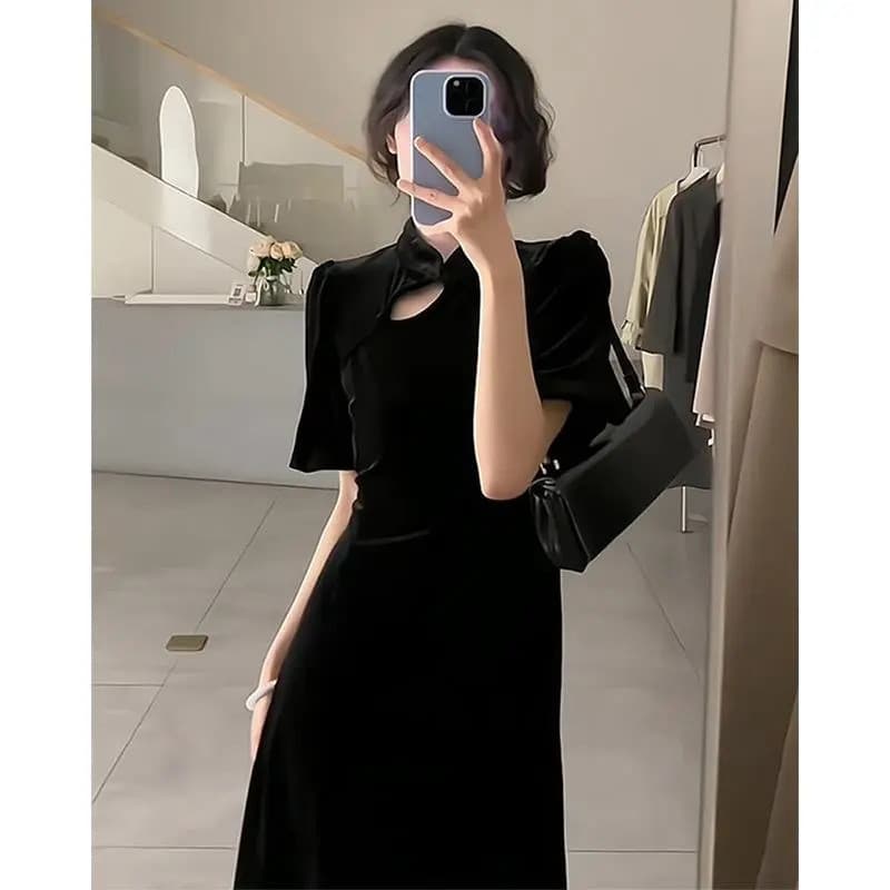 2024 Retro novo chinês melhorado Cheongsam vestido de veludo preto verão saia de manga curta novas roupas femininas