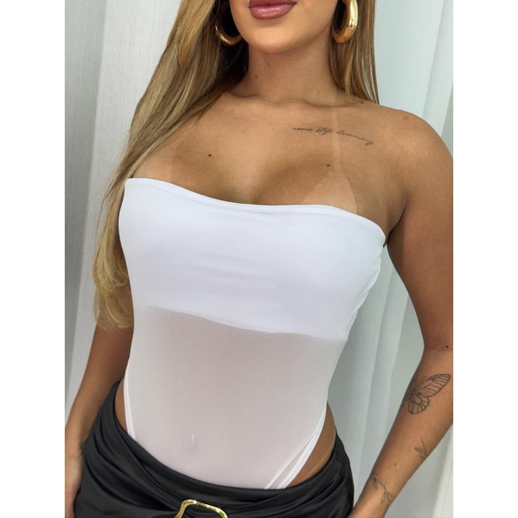 Body Feminino Tule Cavado Tomara que Caia com Bojo Look Gringa para Balada