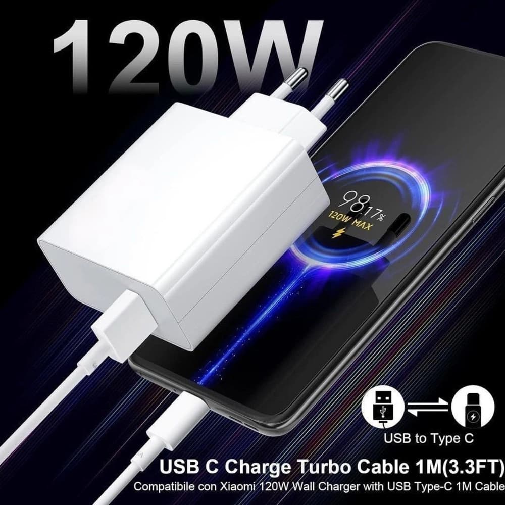 Carregador rápido de 120W 67W com 6A USB C cabo 1M para Mi Turbo Charge Turbo Power Cabo USB + Cabo Tipo C