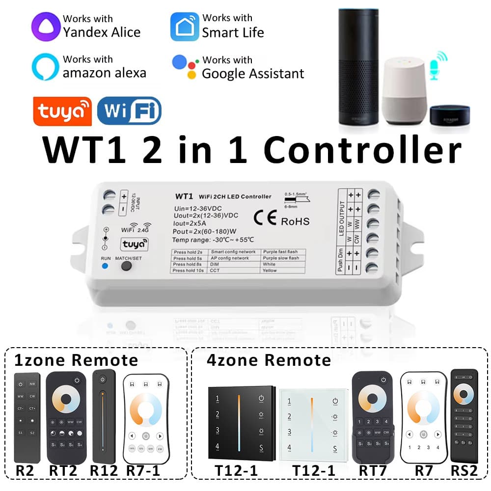Tuya Wifi 2 Em 1 Controlador LED DC12V 24V 2CH 10A Vida Inteligente Voz Push Escurecimento Interruptor De Cor Única CCT