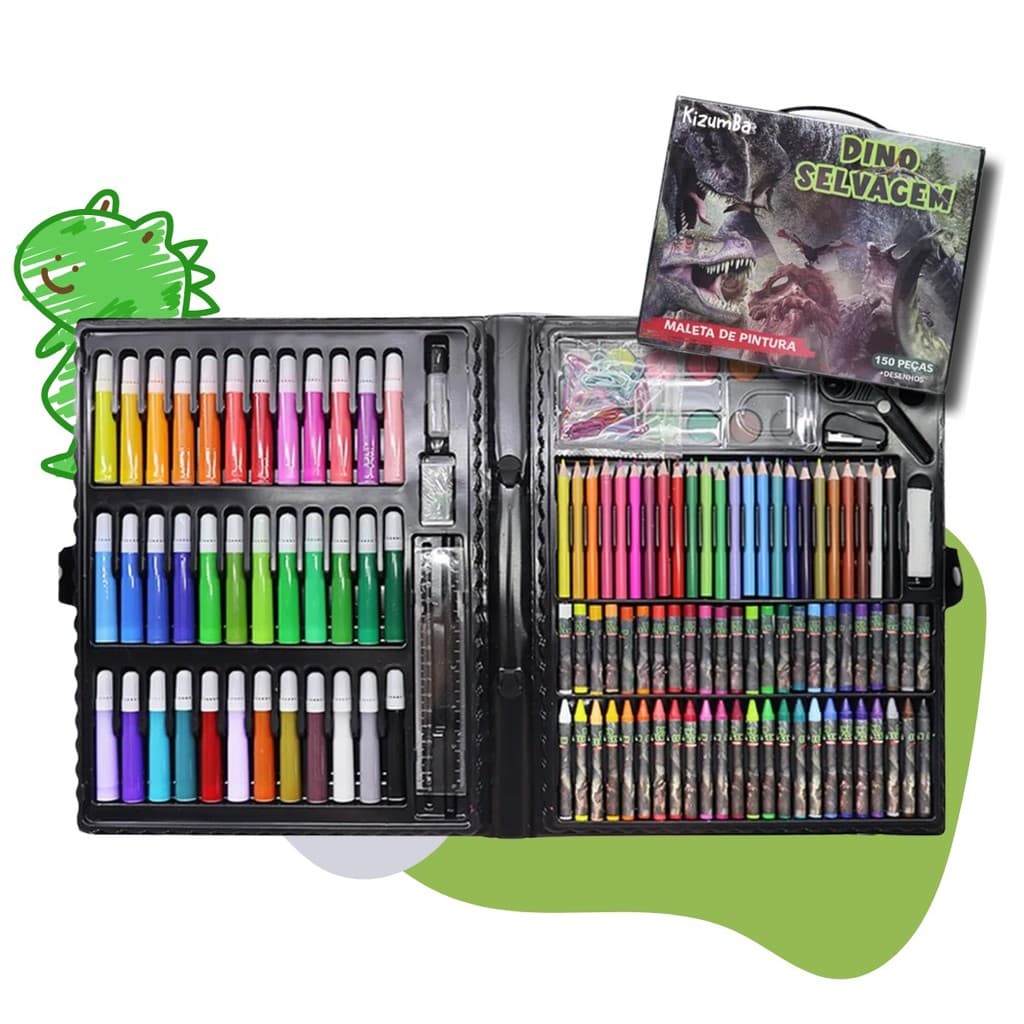 Estojo Maleta De Desenho E Pintura 150 Peças Dinossauro Com Canetinhas Lápis Giz Criança Kizumba