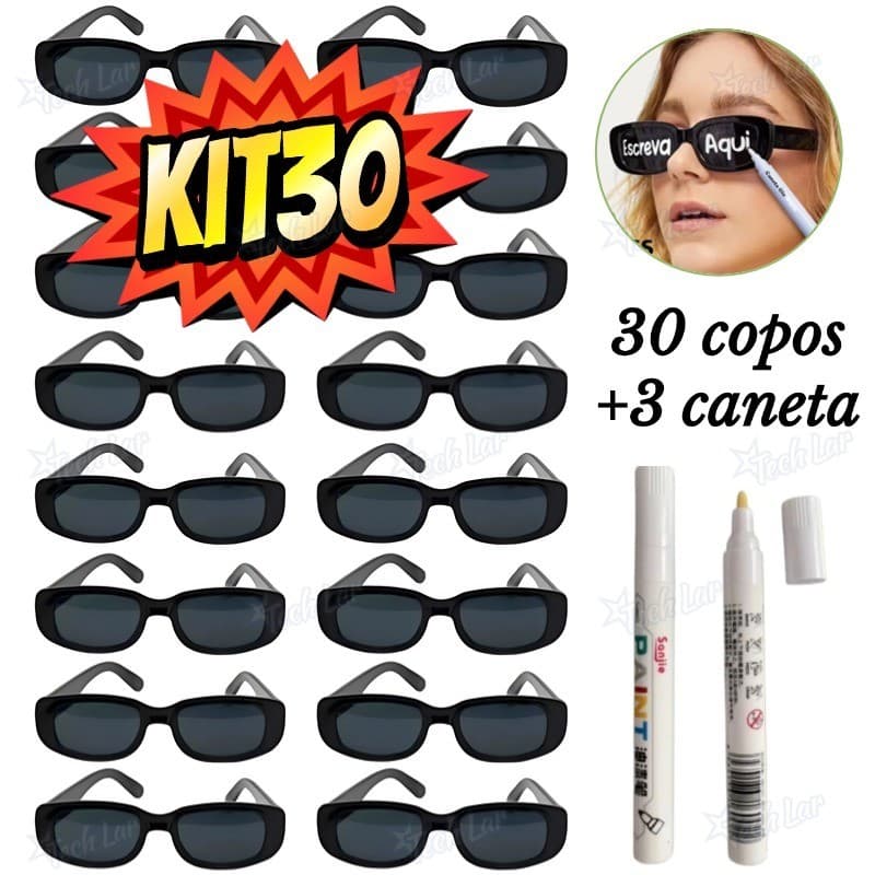 Kit Oculos Vintage Retro Preto Liso + Caneta Giz Festa Casamento