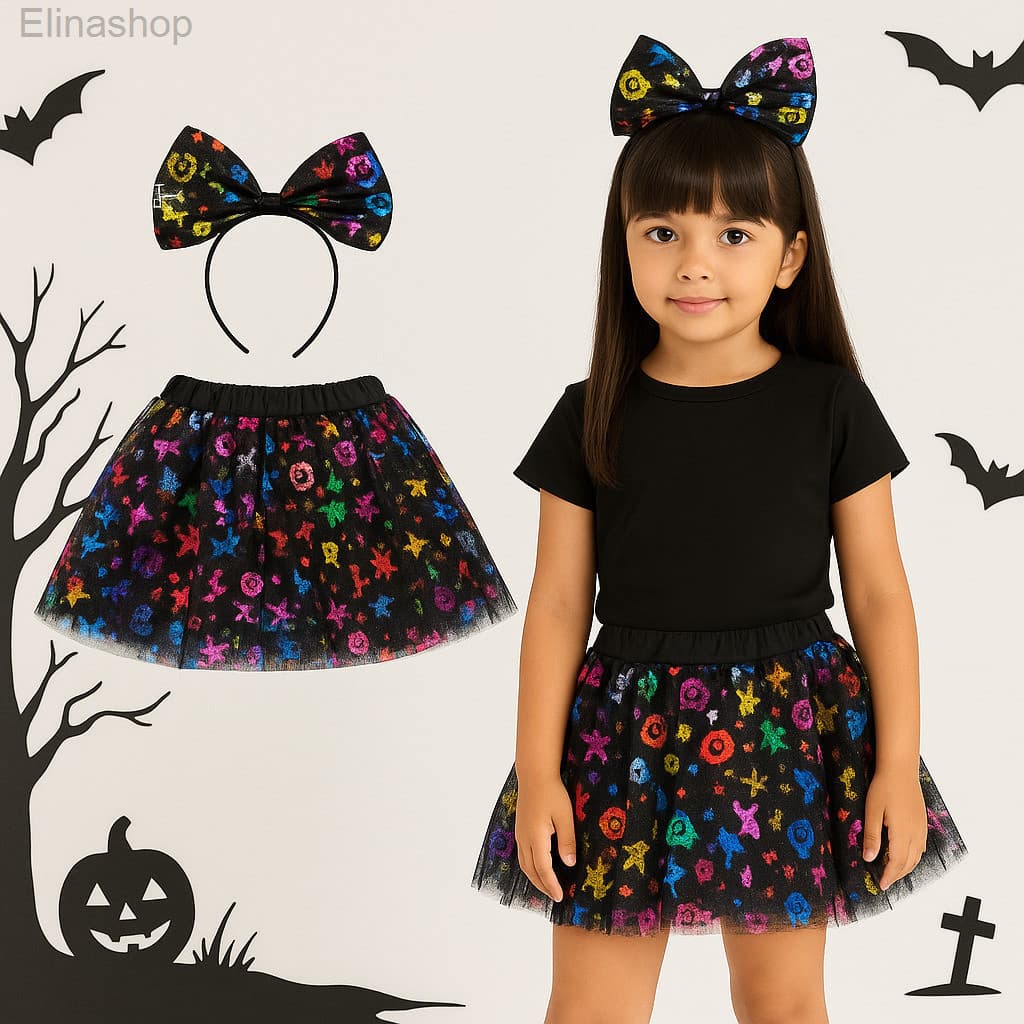(V)Fantasia Infantil Halloween com Saia Colorida e Tiara Brilhante 🎃PRD8