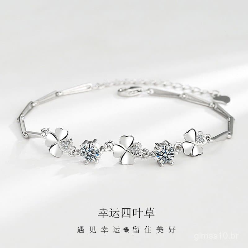Pulseira de prata esterlina S925 com trevo de quatro folhas para mulheres, estilo japonês e coreano, joia simples e eleg