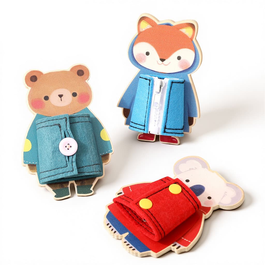 Brinquedo Montessori De Placa Ocupada De Animais De Madeira , Sensorial De Prática De Vestir Com Botão De Zíper , Educac