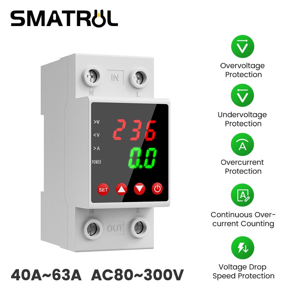 SMATRUL 40/63A 80-300V Protetor De Tensão Digital Ajustável Sobre Relé De Subtensão Contra Surtos Domésticos Display De