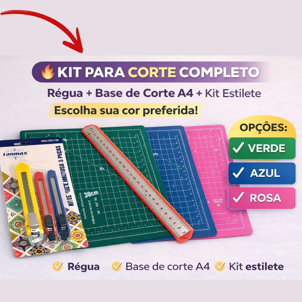 Kit Base de Corte A4 + Régua Aço 30cm + Estilete Profissional 3 Peças Patchwork Scrapbook Artesanato