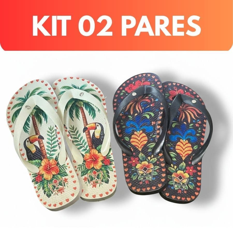 2 pares Chinelo de Dedo Femininos Estampados Numeração 33 a 39