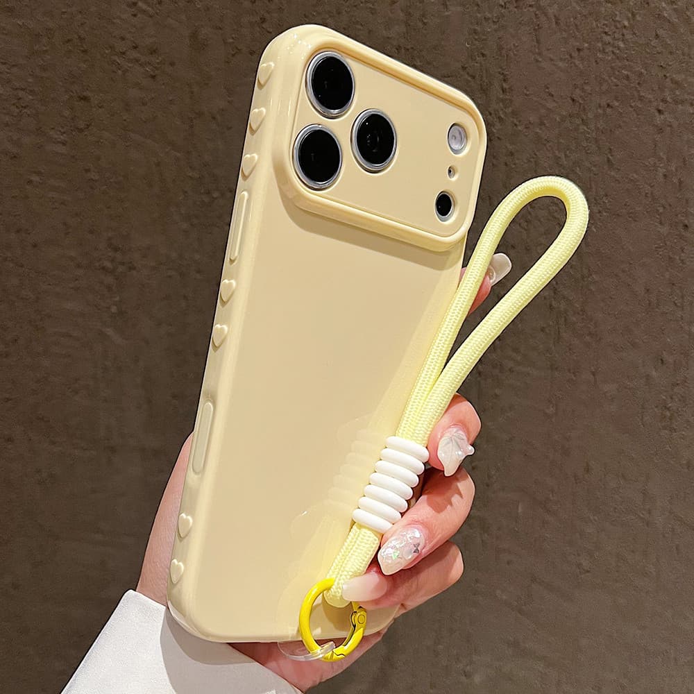 Lado 3D Amor Coração Cor Lisa Caso Macio Com Cordão Para iPhone 17 16 15 14 13 12 11 Plus Pro Max Bonito Capa Brilhante