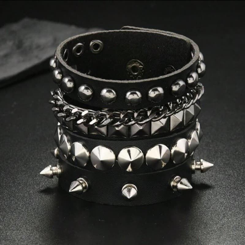 Pulseira de couro gótico Punk Rock, costura pontiaguda e rebites, ajustável, unissex, estilo motocicleta