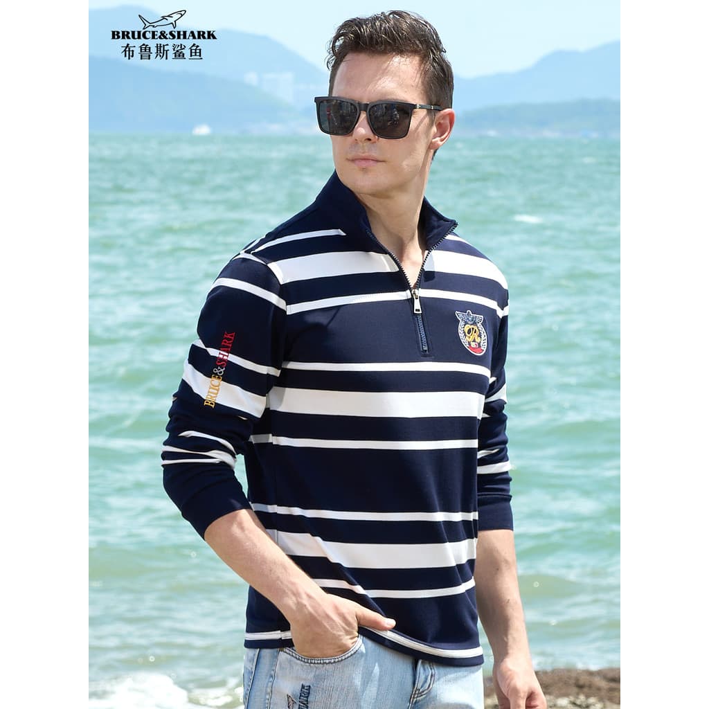 Outono novo estilo listrado camiseta masculina de manga comprida camisa Polo Bruce Shark Street Wear bordado Plus Size c