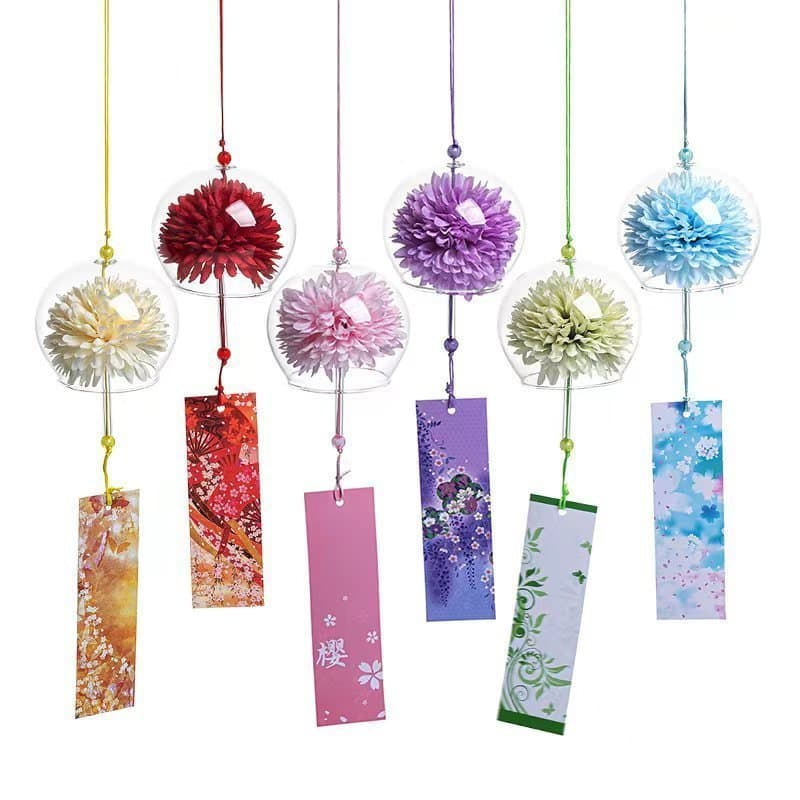 Sinos de vento florais de estilo japonês, em vidro, à prova d'água, para áreas externas, com capa de vidro e flores arti