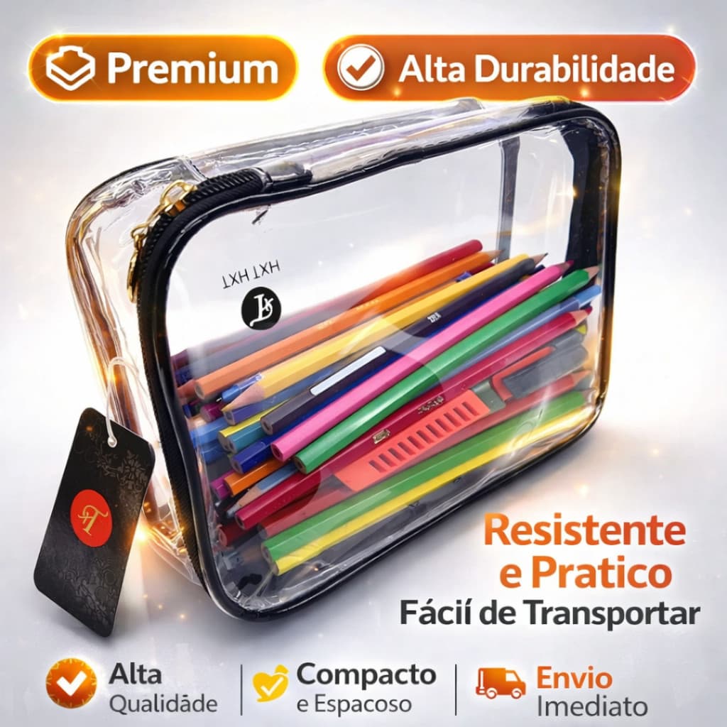 Necessaire Transparente Grande Estojo Box Organizador Escolar Durável