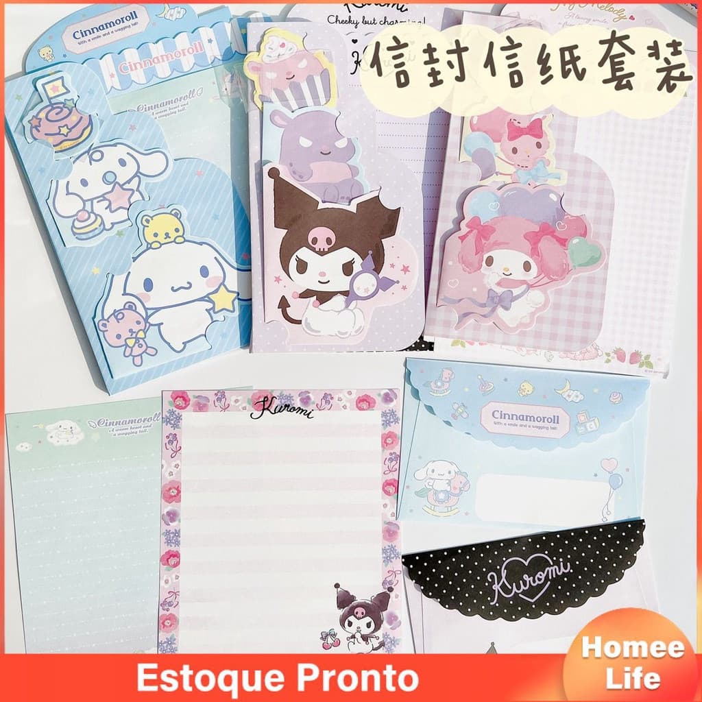 Sanrio Envelope Papel De Carta Fofo Manual De Notas Kuromi Melody Conjunto De Adesivos Especiais Kawaii Presentes