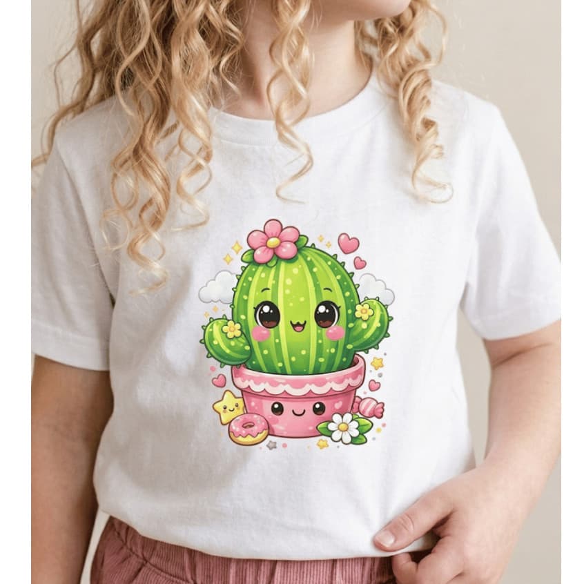 Camiseta Infantil Menina Cacto Fofo Algodão Premium Estampa Blusa Baby Look Casual Conforto Presente