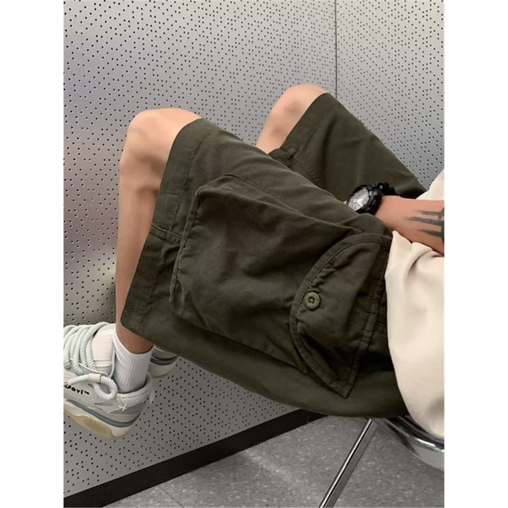 Puro algodão Multi-bolso macacão Shorts meninos Casual Retro na moda calças médias retas funcionais perna larga Harem ca