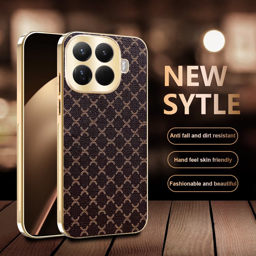 Capa para Xiaomi 15T Pro Xiaomi15T Pro 15TPro 5G, Capa de Telefone de Couro Xadrez Luxuosa com Revestimento Dourado Elet
