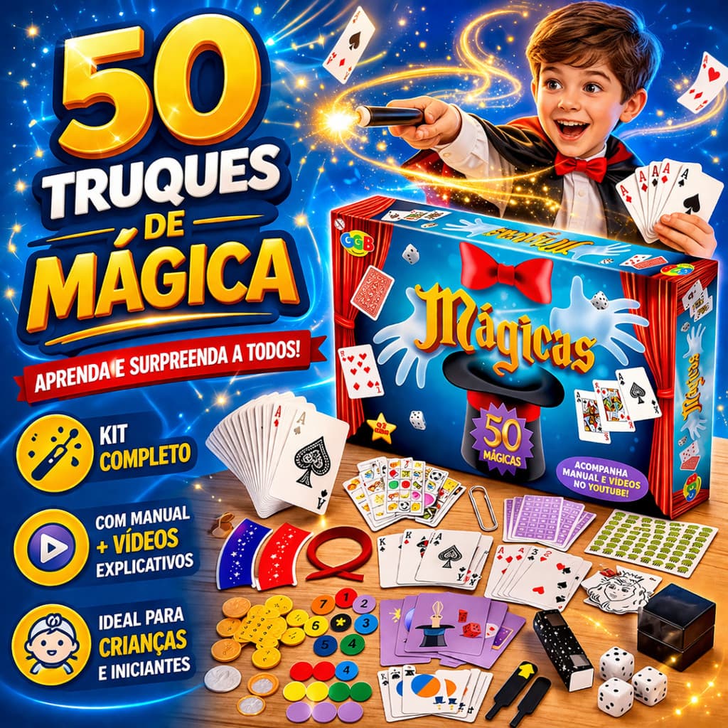 Kit Jogo de Mágica Infantil 50 Truques Completo Ilusionismo + Manual Fácil