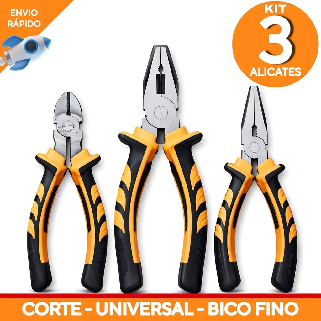 Jogo de Alicate Universal Corte Kit 3 Alicates Multiuso Universal e Corte cabo Emborrachado Profissional