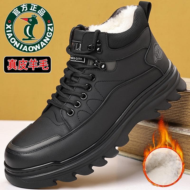Oren Woodpecker Sapatos masculinos de inverno com forro de lã de cano alto, sapatos de algodão de lã, couro genuíno, sol