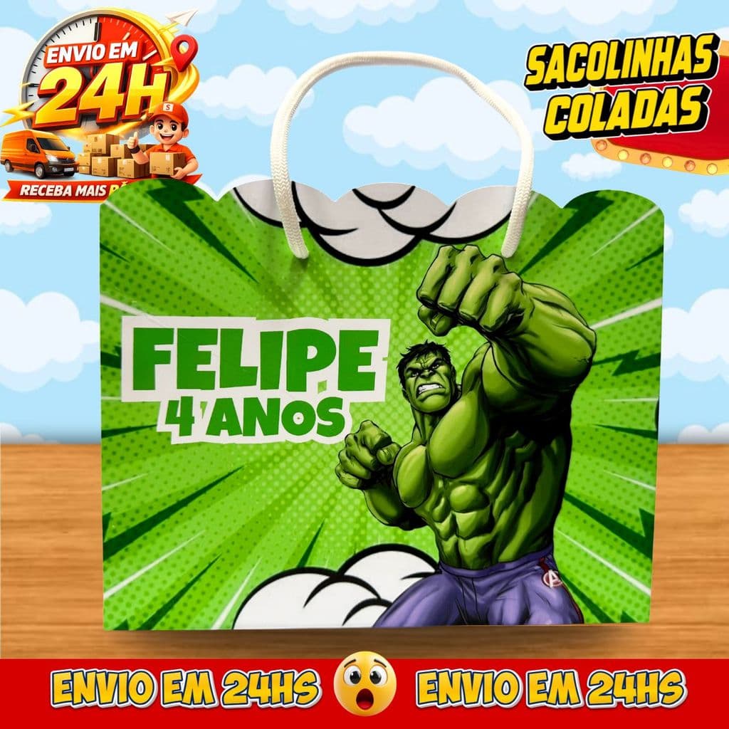 Sacolinhas Hulk Personalizadas - Lembrancinhas Infantil Dinossauro Premium com Nome e Idade