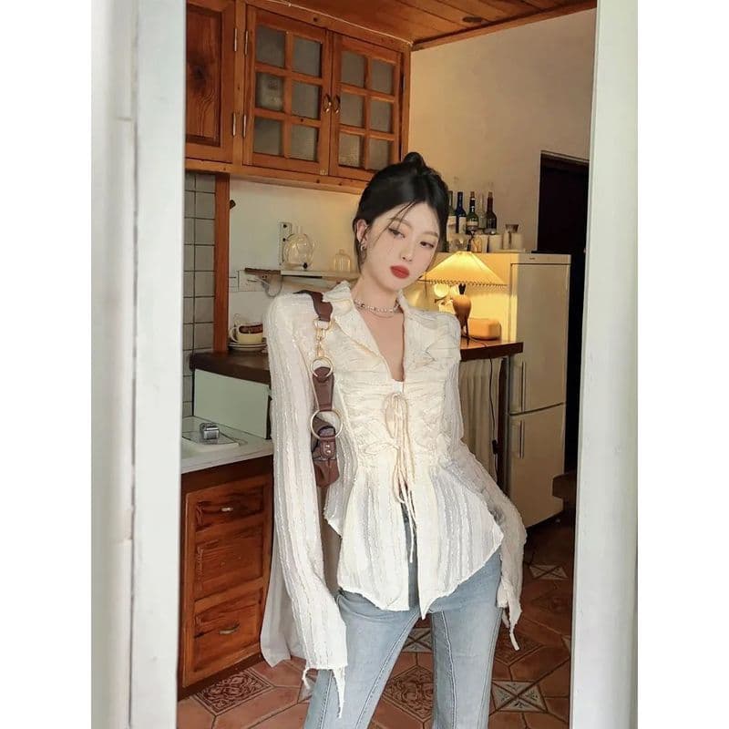 Damasco Chiffon protetor solar camisa feminina primavera outono fino ajuste camisa de manga comprida com decote em v Des