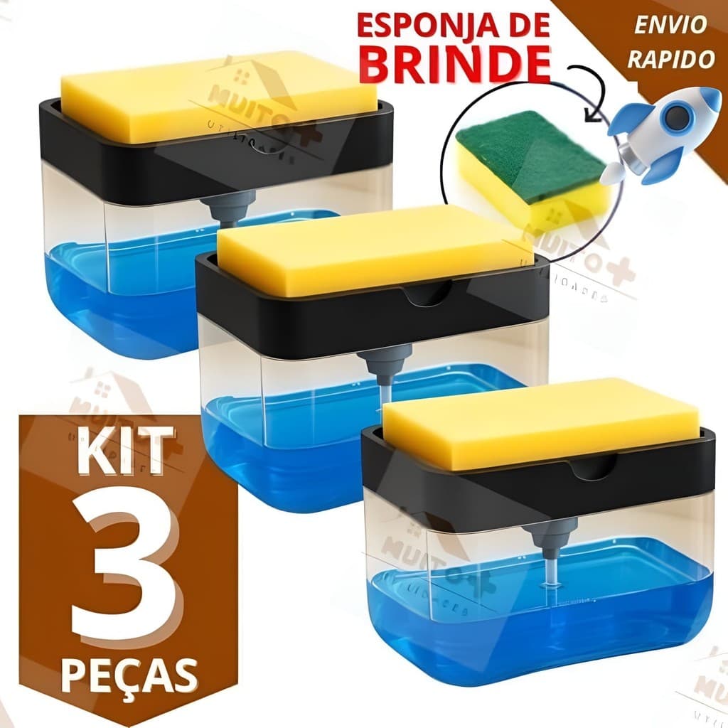 Kit 3/2/1 Dispenser de Detergente 2x1 Porta Sabão Líquido Com Suporte Bucha Esponja Limpeza Cozinha