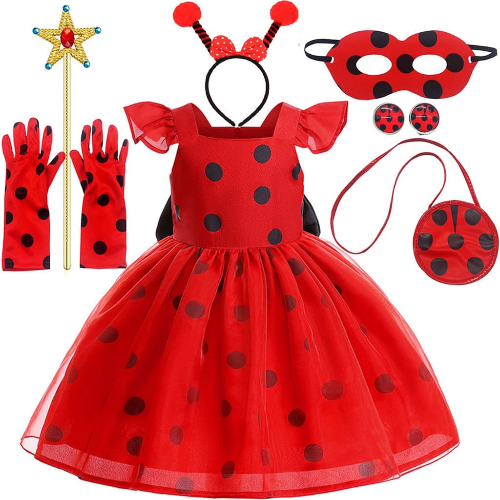 Crianças Halloween Joaninha cosplay Traje Conjunto Menina Bolinhas Princesa Vestido De Pontos Vermelhos