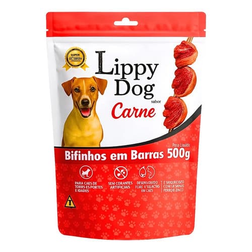Bifinho Em Barras Premium Lippy Dog Sabor Carne Embalagem Zíper 500 Gr