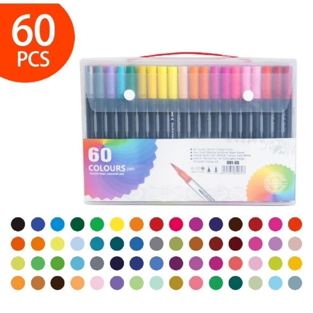 Kit 12/24/36/48/60 Cores Caneta 2 em 1 Brush Lettering e Ponta Fina Dual Pen Canetinha Colorir Desenho