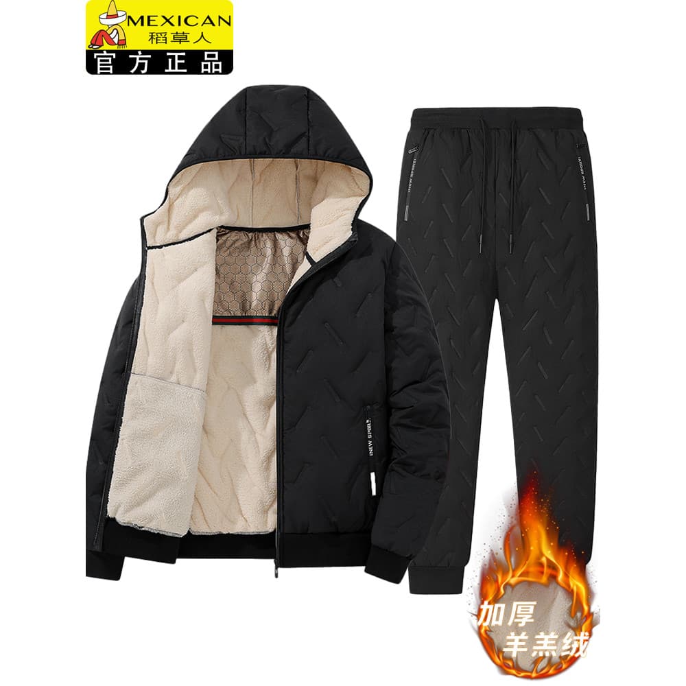Espantalho inverno lã de cordeiro acolchoado jaqueta com capuz forro de lã masculino engrossado quente para baixo jaquet