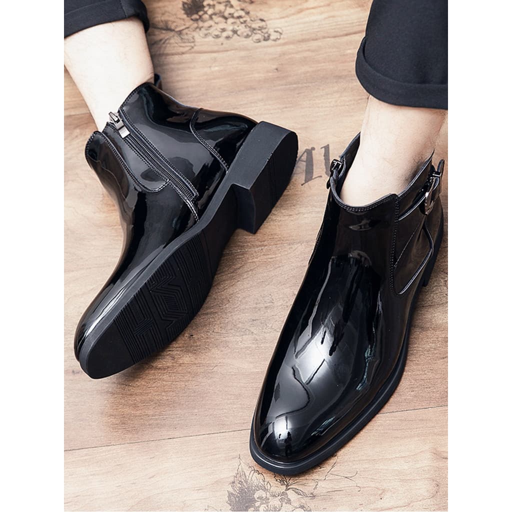 Botas Chelsea com zíper Botas masculinas de bico fino Botas curtas da moda Sapatos de couro de cano alto Botas Martin Bo