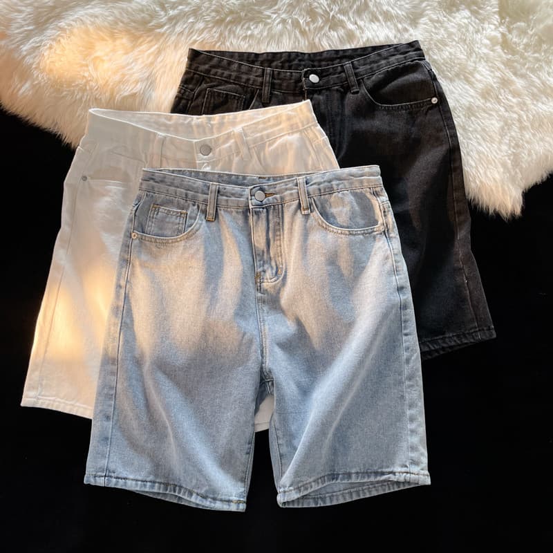 Rua oversize bonito lavado angustiado Denim Shorts masculino feminino sobre o joelho em linha reta calças de cinco ponto