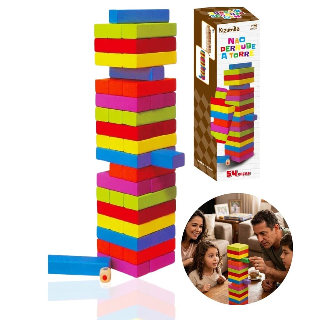 Jogo Caiu Perdeu Torre De Equilíbrio Madeira 54 Peças Brinquedo Família Diversão Coordenação Kizumba