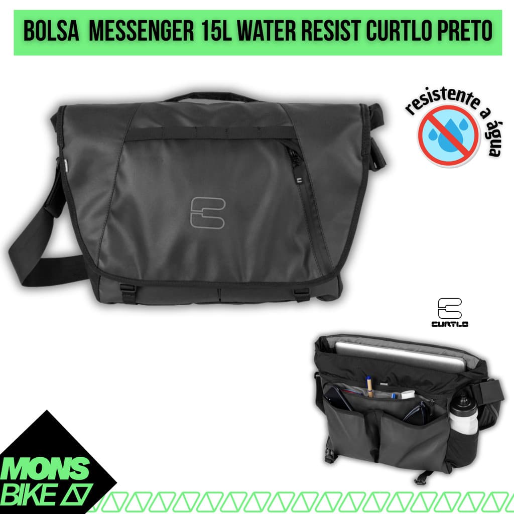 Bolsa Messenger Curtlo 16L WR Preto Water Resist Resistente a Água Bike Notebook Uso Diário