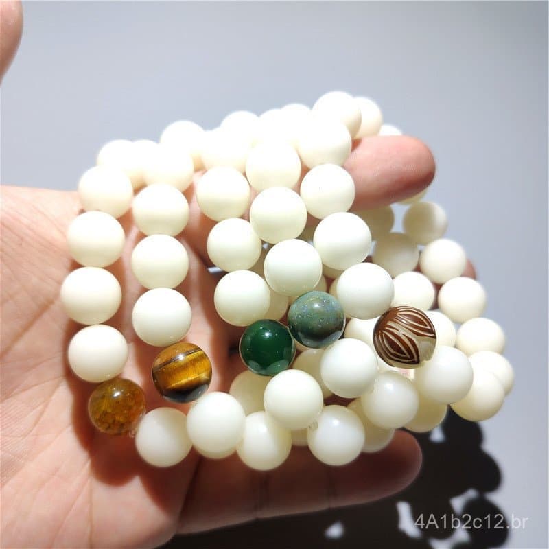 Pulseira original de contas budistas de jade branco com raiz de bodhi, de um só laço, com sementes de bodhi de lótus esc